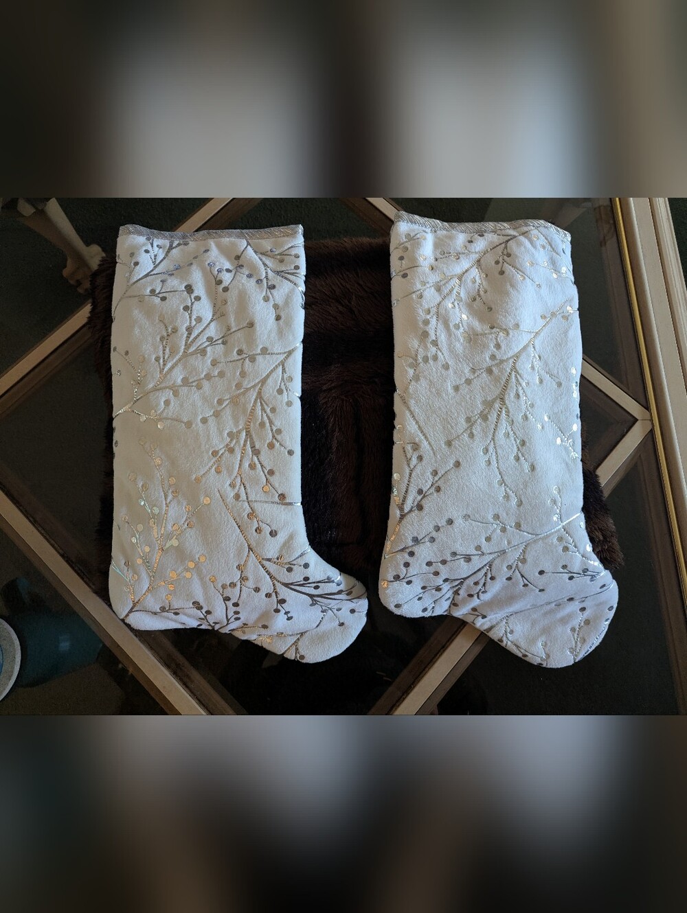 Decorative White and Silver Holiday Stockings - Set of 2